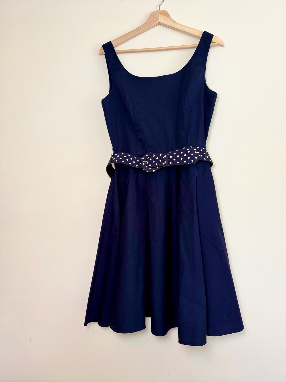 Vintage Moda International Navy Fit & Flare Midi Dress Polka Dot Belt 10